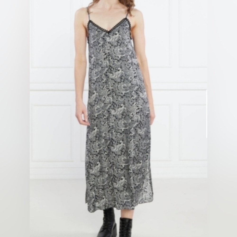 The Kooples slip dress women's 2 black grey paisley midi V neck long new $295